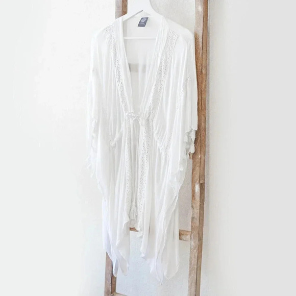 VINCE CAMUTO KIMONO SZ O/S WHITE TIE-FRONT COVER-UP TOP WITH TASSELS BOHO - Picture 1 of 11